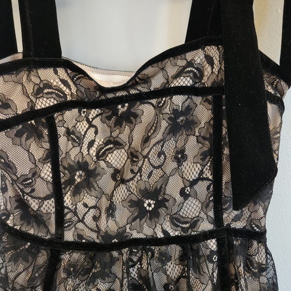 Bohme Black Lace Ribbon Strap Midi Dress, Beige Lining, Ruffle Hem, Size XS, NWT - Picture 14 of 16